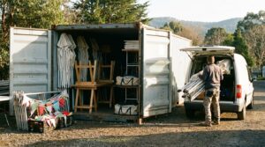 Market stall gazebos and event kit stored in a container