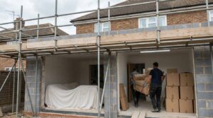 Movers removing furniture from a house during building work