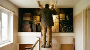 Person on a loft ladder assessing a full loft space