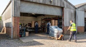 Workers moving equipment out of a small industrial unit